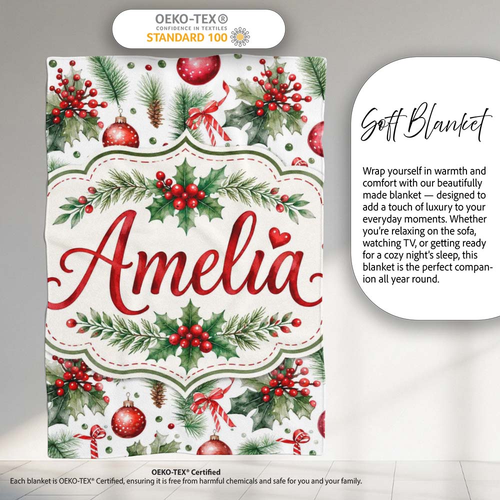 Watercolor Holly Leaves Red Berries Baubles Festive Seamless Pattern  Personalised Custom Name Super Soft Fleece Blanket Bed Sofa Throw