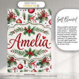 Watercolor Holly Leaves Red Berries Baubles Festive Seamless Pattern  Personalised Custom Name Super Soft Fleece Blanket Bed Sofa Throw