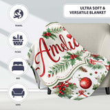 Watercolor Holly Leaves Red Berries Baubles Festive Seamless Pattern  Personalised Custom Name Super Soft Fleece Blanket Bed Sofa Throw