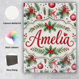 Personalised Name Watercolor Holly Leaves Custom  Unique Gift Idea Elegant Feature Canvas Wall Art Print Decor Picture Ready to Hang