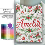 Watercolor Holly Leaves Red Berries Baubles Festive Seamless Pattern  Personalised Custom Name Super Soft Fleece Blanket Bed Sofa Throw