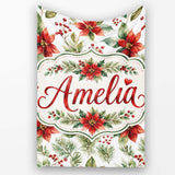 Watercolor Poinsettia Flowers Holly Leaves Red Berries Seamless  Personalised Custom Name Super Soft Fleece Blanket Bed Sofa Throw