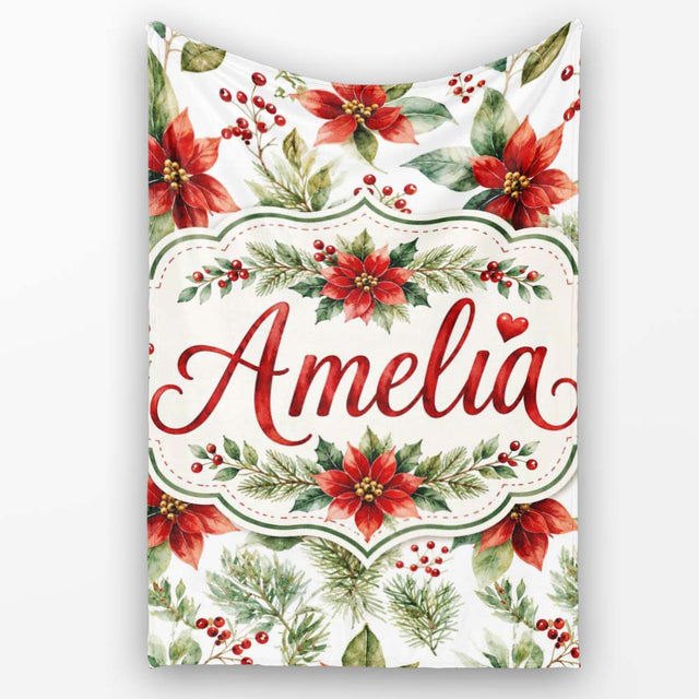 Watercolor Poinsettia Flowers Holly Leaves Red Berries Seamless  Personalised Custom Name Super Soft Fleece Blanket Bed Sofa Throw