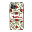 Watercolor Poinsettia Flowers Holly Leaves Red Custom Name Protective Phone Case Mobile Cover Durable Everyday Smartphone Shock Resistant