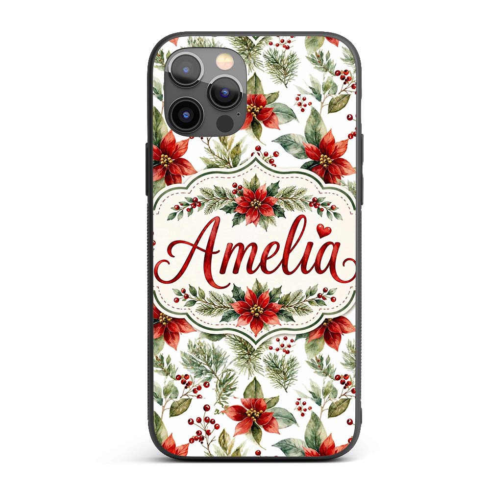 Watercolor Poinsettia Flowers Holly Leaves Red Custom Name Protective Phone Case Mobile Cover Durable Everyday Smartphone Shock Resistant