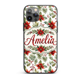 Watercolor Poinsettia Flowers Holly Leaves Red Custom Name Protective Phone Case Mobile Cover Durable Everyday Smartphone Shock Resistant