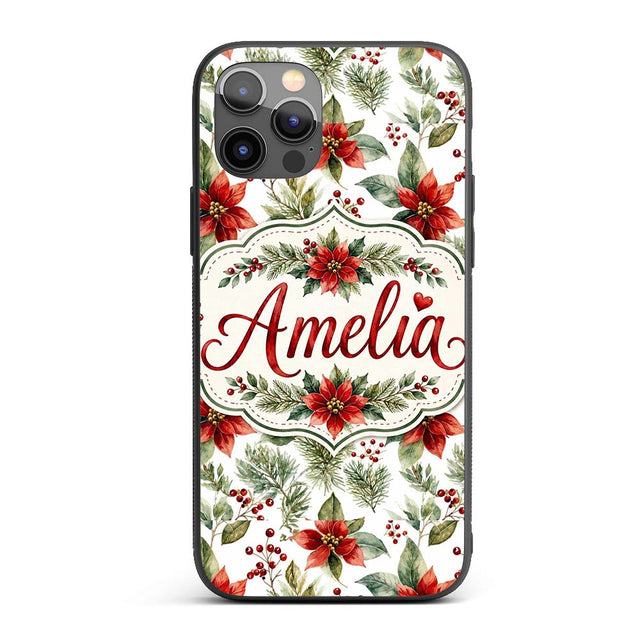 Watercolor Poinsettia Flowers Holly Leaves Red Custom Name Protective Phone Case Mobile Cover Durable Everyday Smartphone Shock Resistant