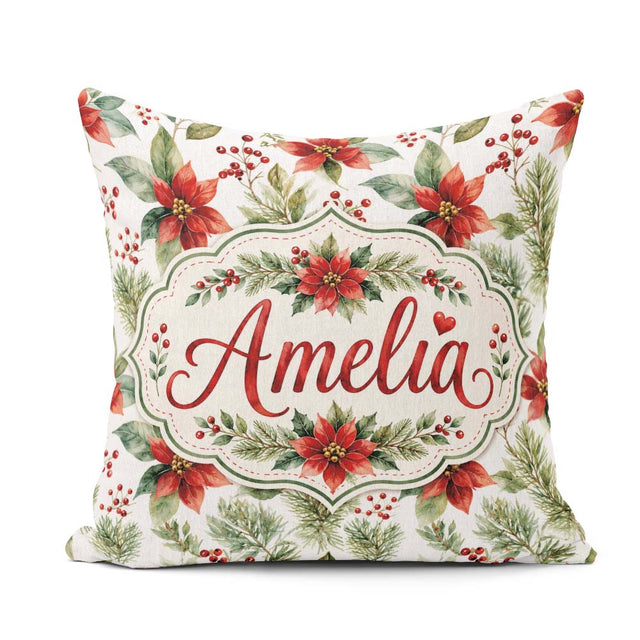 Custom Name Watercolor Flowers Holly Leaves Red Berries Seamless Square Filled Cushion Throw Pillow Sofa Bed Home Decor Zip Washable UK Made