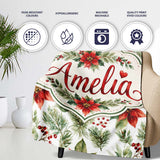 Watercolor Poinsettia Flowers Holly Leaves Red Berries Seamless  Personalised Custom Name Super Soft Fleece Blanket Bed Sofa Throw