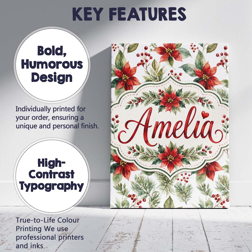 Personalised Name Watercolor Poinsettia Custom  Modern Room Accent Elegant Feature Canvas Wall Art Print Decor Picture Ready to Hang