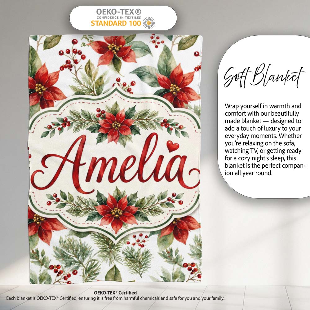 Watercolor Poinsettia Flowers Holly Leaves Red Berries Seamless  Personalised Custom Name Super Soft Fleece Blanket Bed Sofa Throw