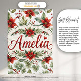 Watercolor Poinsettia Flowers Holly Leaves Red Berries Seamless  Personalised Custom Name Super Soft Fleece Blanket Bed Sofa Throw