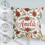 Custom Name Watercolor Flowers Holly Leaves Red Berries Seamless Square Filled Cushion Throw Pillow Sofa Bed Home Decor Zip Washable UK Made