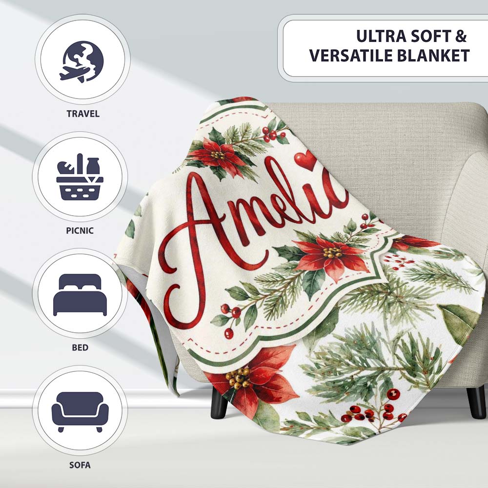 Watercolor Poinsettia Flowers Holly Leaves Red Berries Seamless  Personalised Custom Name Super Soft Fleece Blanket Bed Sofa Throw