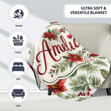Watercolor Poinsettia Flowers Holly Leaves Red Berries Seamless  Personalised Custom Name Super Soft Fleece Blanket Bed Sofa Throw
