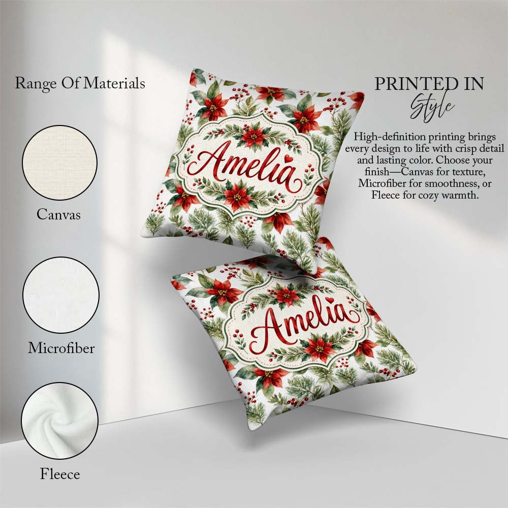 Custom Name Watercolor Flowers Holly Leaves Red Berries Seamless Square Filled Cushion Throw Pillow Sofa Bed Home Decor Zip Washable UK Made