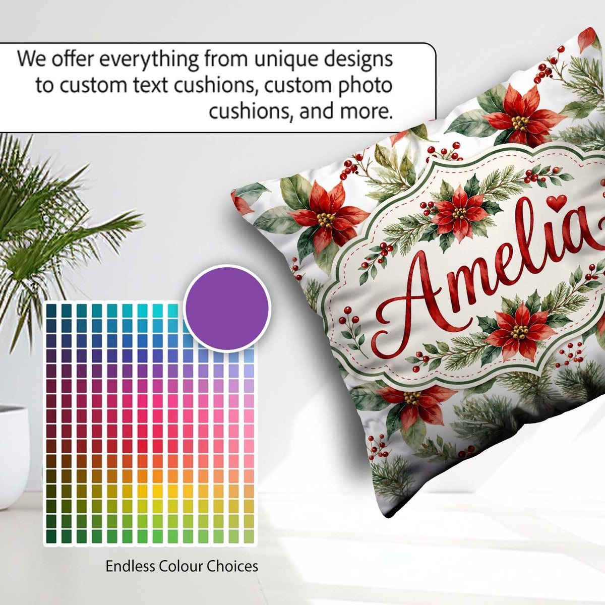Custom Name Watercolor Flowers Holly Leaves Red Berries Seamless Square Filled Cushion Throw Pillow Sofa Bed Home Decor Zip Washable UK Made