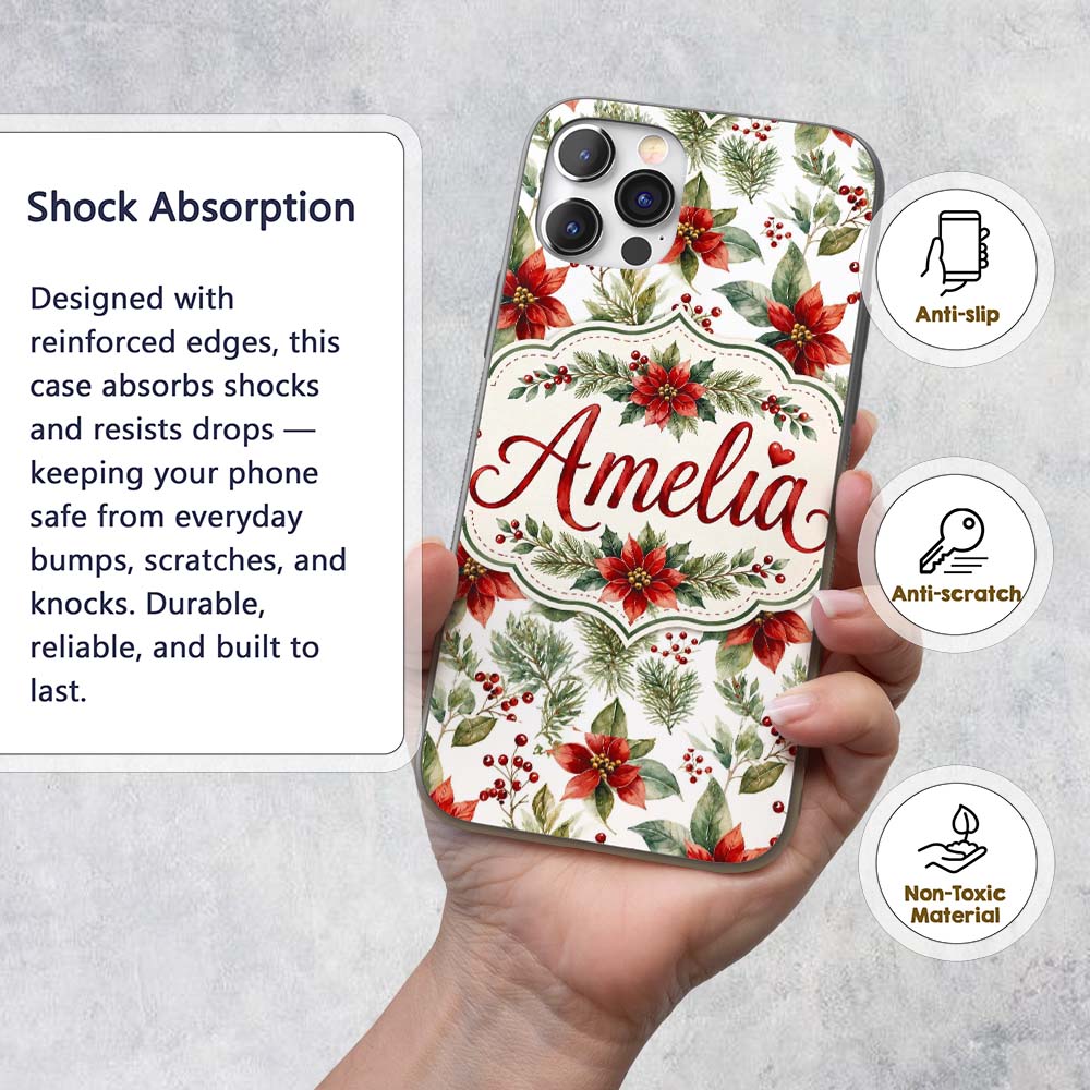 Watercolor Poinsettia Flowers Holly Leaves Red Custom Name Protective Phone Case Mobile Cover Durable Everyday Smartphone Shock Resistant