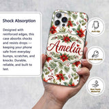 Watercolor Poinsettia Flowers Holly Leaves Red Custom Name Protective Phone Case Mobile Cover Durable Everyday Smartphone Shock Resistant