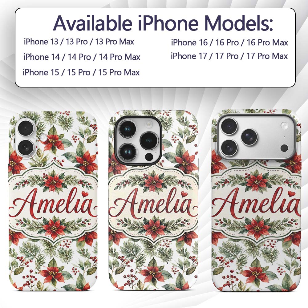 Watercolor Poinsettia Flowers Holly Leaves Red Custom Name Protective Phone Case Mobile Cover Durable Everyday Smartphone Shock Resistant