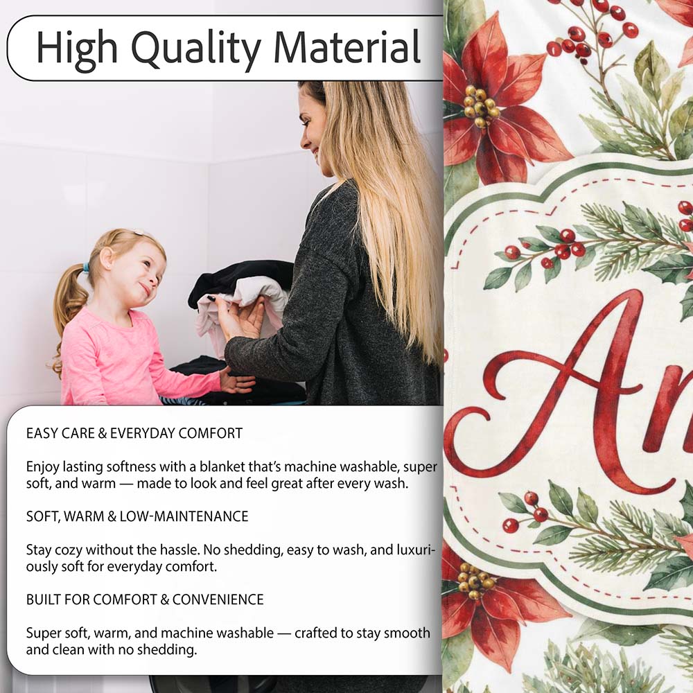 Watercolor Poinsettia Flowers Holly Leaves Red Berries Seamless  Personalised Custom Name Super Soft Fleece Blanket Bed Sofa Throw