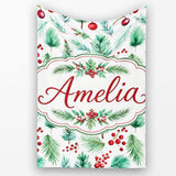 Watercolor Pine Branches Red Berries Christmas Foliage Seamless  Personalised Custom Name Super Soft Fleece Blanket Bed Sofa Throw