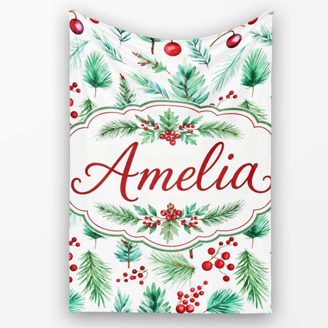 Watercolor Pine Branches Red Berries Christmas Foliage Seamless  Personalised Custom Name Super Soft Fleece Blanket Bed Sofa Throw