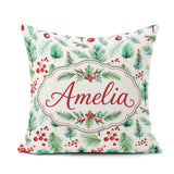 Custom Name Pine Branches Red Berries Christmas Foliage Seamless Square Filled Cushion Throw Pillow Sofa Bed Home Decor Zip Washable UK Made