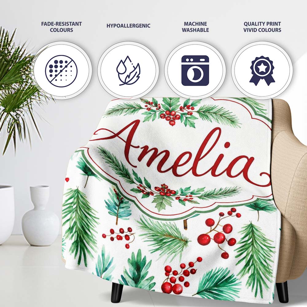 Watercolor Pine Branches Red Berries Christmas Foliage Seamless  Personalised Custom Name Super Soft Fleece Blanket Bed Sofa Throw