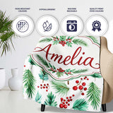 Watercolor Pine Branches Red Berries Christmas Foliage Seamless  Personalised Custom Name Super Soft Fleece Blanket Bed Sofa Throw