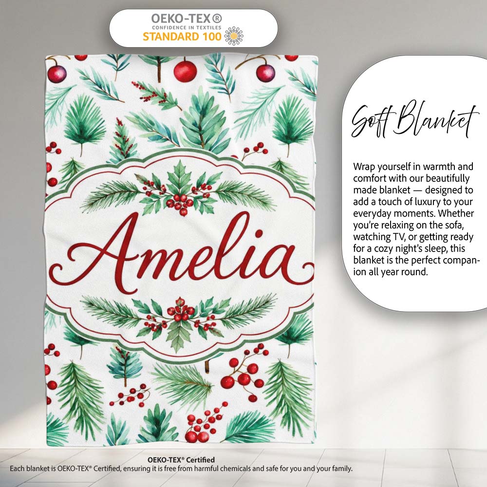 Watercolor Pine Branches Red Berries Christmas Foliage Seamless  Personalised Custom Name Super Soft Fleece Blanket Bed Sofa Throw