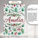 Watercolor Pine Branches Red Berries Christmas Foliage Seamless  Personalised Custom Name Super Soft Fleece Blanket Bed Sofa Throw