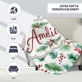 Watercolor Pine Branches Red Berries Christmas Foliage Seamless  Personalised Custom Name Super Soft Fleece Blanket Bed Sofa Throw
