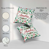 Custom Name Pine Branches Red Berries Christmas Foliage Seamless Square Filled Cushion Throw Pillow Sofa Bed Home Decor Zip Washable UK Made