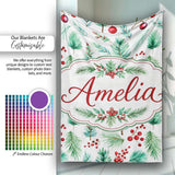 Watercolor Pine Branches Red Berries Christmas Foliage Seamless  Personalised Custom Name Super Soft Fleece Blanket Bed Sofa Throw