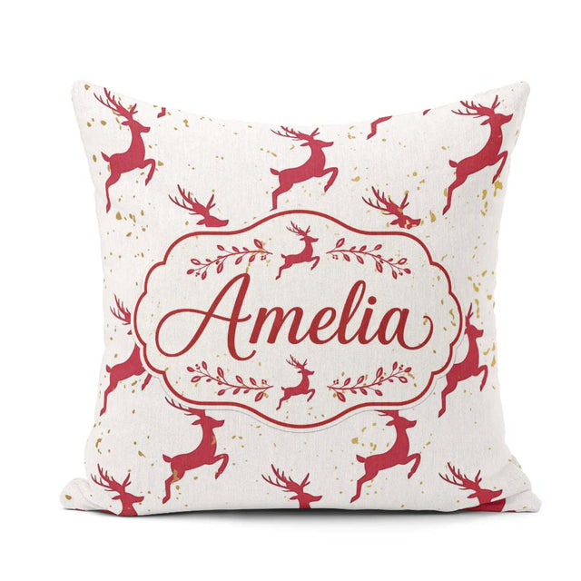 Custom Name Elegant Red Reindeer Gold Festive Christmas Seamless Square Filled Cushion Throw Pillow Sofa Bed Home Decor Zip Washable UK Made