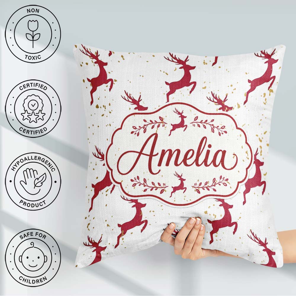 Custom Name Elegant Red Reindeer Gold Festive Christmas Seamless Square Filled Cushion Throw Pillow Sofa Bed Home Decor Zip Washable UK Made