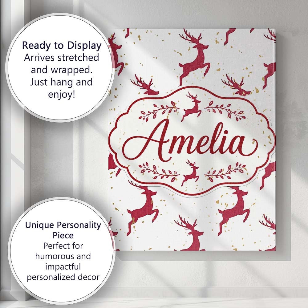 Personalised Name Elegant Red Reindeer Gold Custom  Bespoke Interior Contemporary Canvas Wall Art Print Decor Picture Ready to Hang