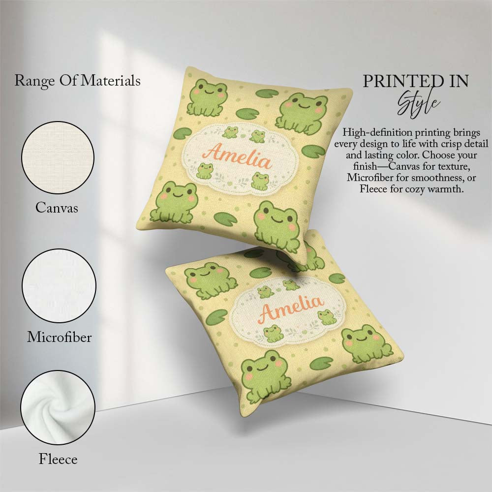 Custom Name Cute Frog Lily Pad Cartoon Animal Pattern Gift Idea Square Filled Cushion Throw Pillow Sofa Bed Home Decor Zip Washable UK Made