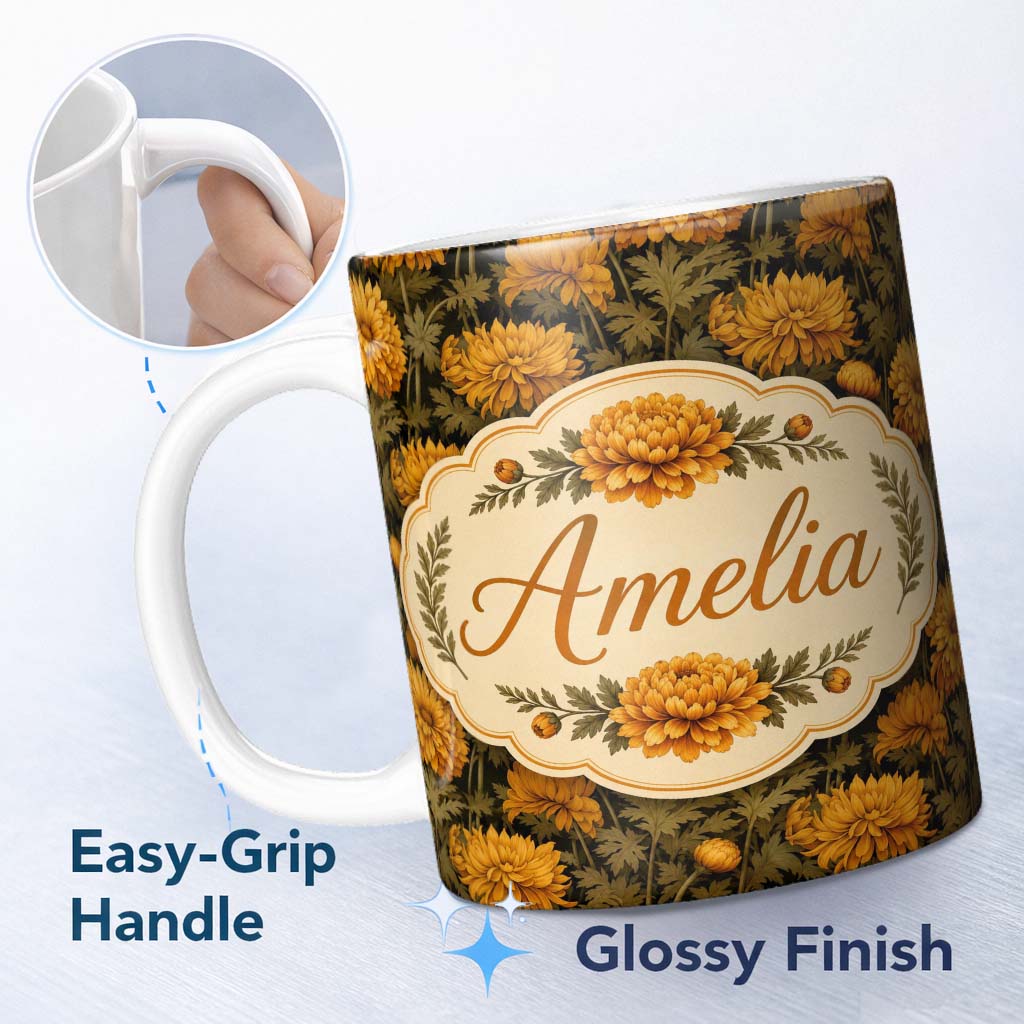 Personalized Custom Name Dark Vintage Chrysanthemum Floral Seamless Pattern with Deep Tones 11oz Ceramic Coffee Tea Mug White Large Handle