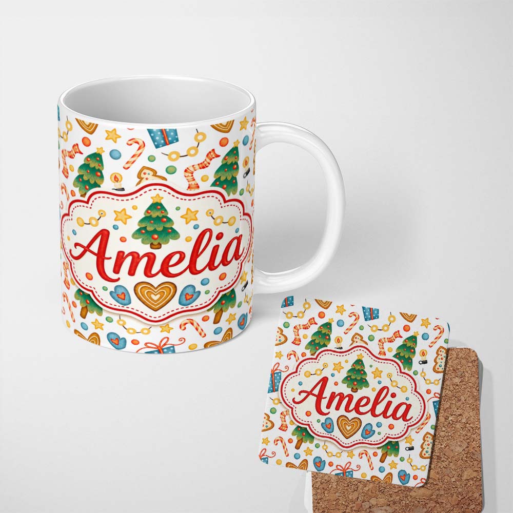 Personalized Custom Name Cute Christmas Tree Gingerbread Candy Cane Gift Seamless Pattern 11oz Ceramic Coffee Tea Mug White Large Handle
