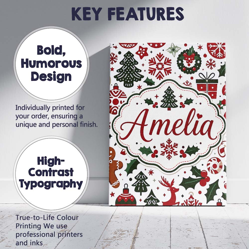 Personalised Name Cute Christmas Tree Custom Modern Room Accent Creative Decorator Style Canvas Wall Art Print Decor Picture Ready to Hang
