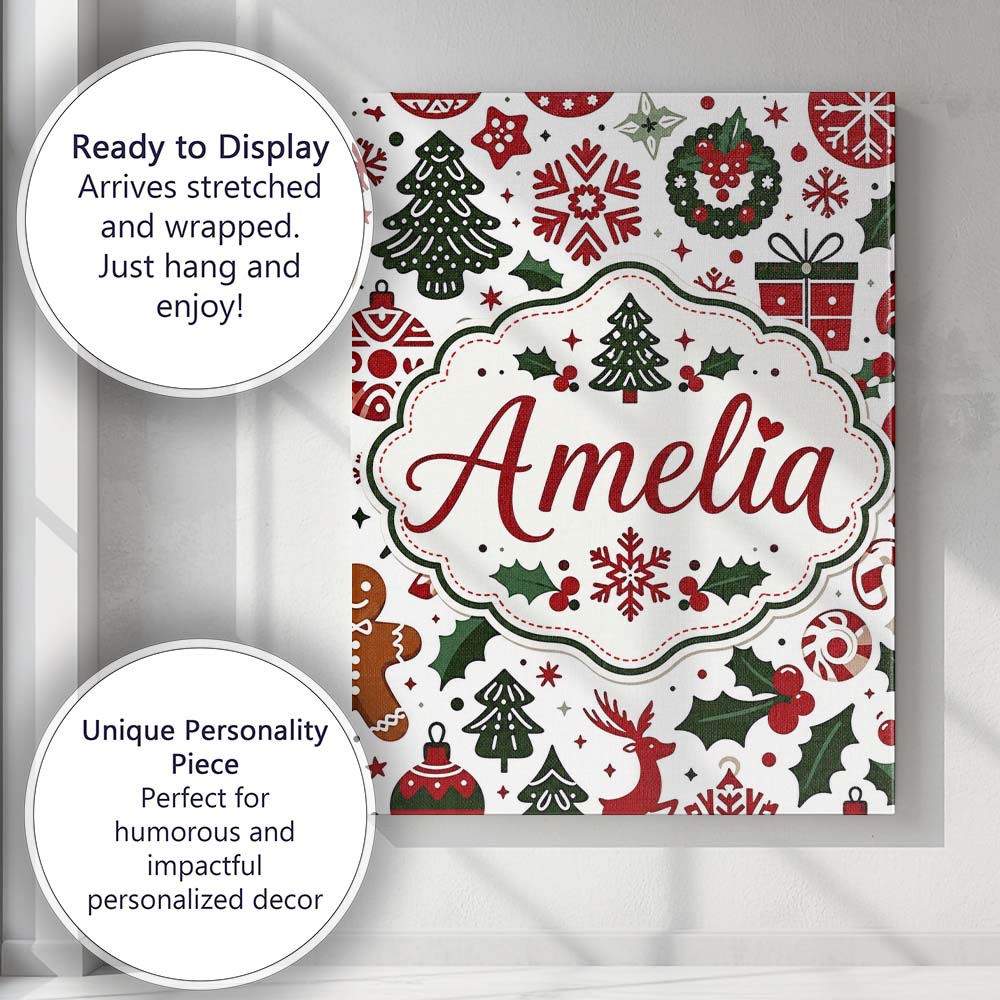 Personalised Name Cute Christmas Tree Custom Modern Room Accent Creative Decorator Style Canvas Wall Art Print Decor Picture Ready to Hang