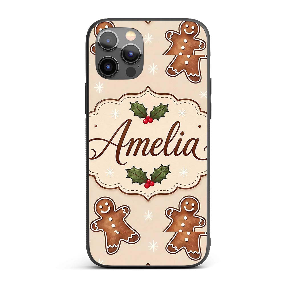 Gingerbread Cookies Holly Leaves Printed Design Custom Name Protective Phone Case Mobile Cover Durable Everyday Smartphone Shock Resistant