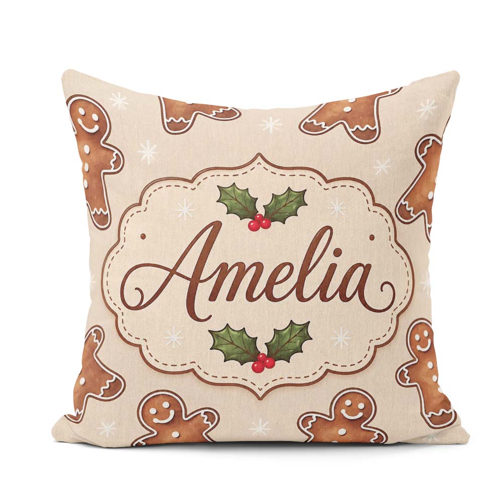 Custom Name Gingerbread Cookies Holly Festive Christmas Seamless Square Filled Cushion Throw Pillow Sofa Bed Home Decor Zip Washable UK Made