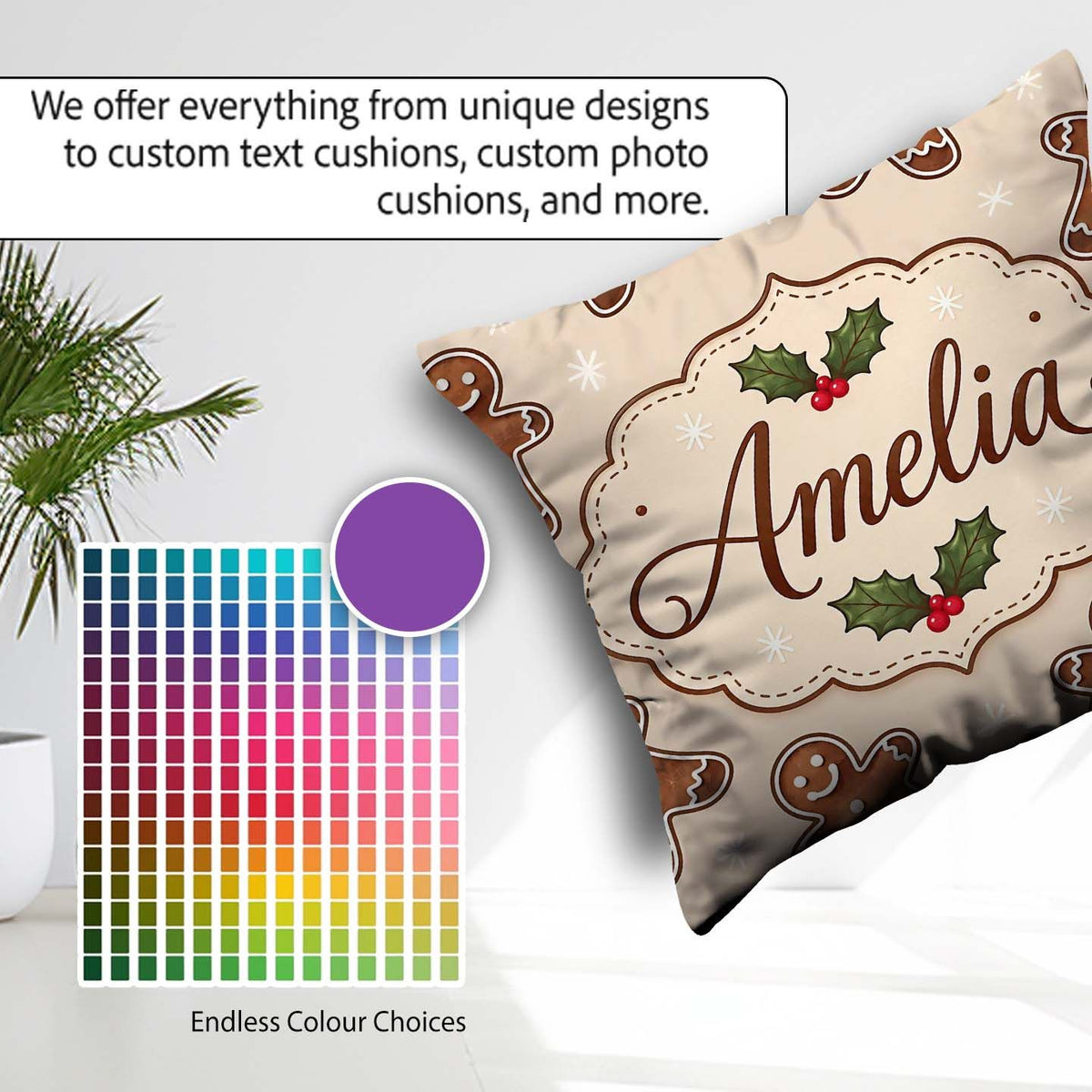 Custom Name Gingerbread Cookies Holly Festive Christmas Seamless Square Filled Cushion Throw Pillow Sofa Bed Home Decor Zip Washable UK Made