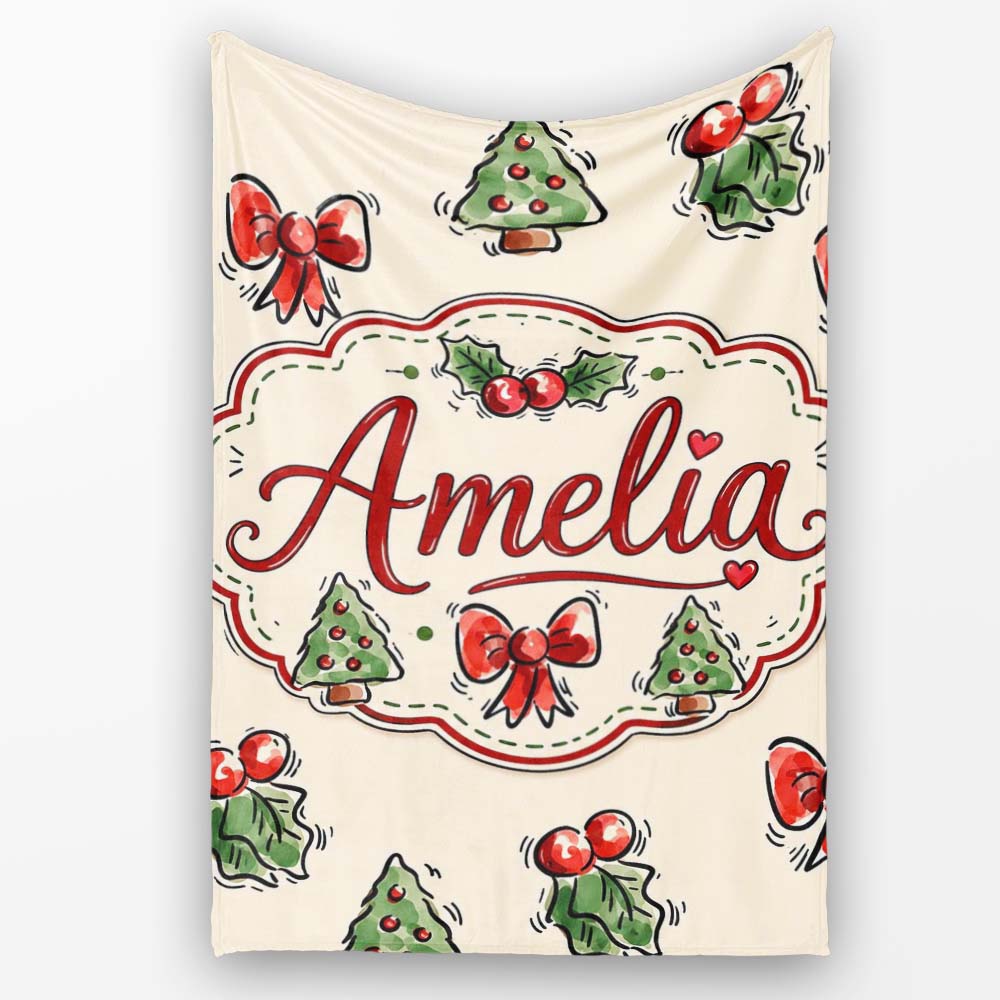 Cute Christmas Bows Holly Berries Tree Doodle Seamless Pattern  Personalised Custom Name Super Soft Fleece Blanket Bed Sofa Throw
