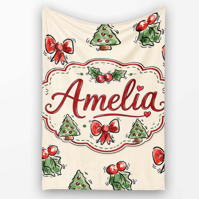 Cute Christmas Bows Holly Berries Tree Doodle Seamless Pattern  Personalised Custom Name Super Soft Fleece Blanket Bed Sofa Throw