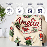 Cute Christmas Bows Holly Berries Tree Doodle Seamless Pattern  Personalised Custom Name Super Soft Fleece Blanket Bed Sofa Throw