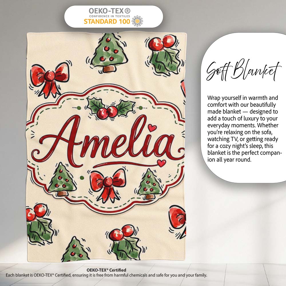 Cute Christmas Bows Holly Berries Tree Doodle Seamless Pattern  Personalised Custom Name Super Soft Fleece Blanket Bed Sofa Throw
